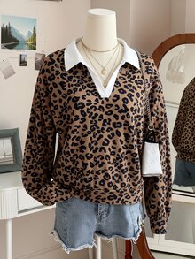 INAWLY Women's Casual Leopard Print Sweatshirt, Autumn - Mocha Brown - View 1