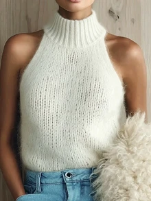 SHEIN White Turtleneck Halter Knit Tank Top, Ribbed Cropped Knit Camisole - White - View 3