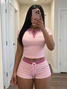 Slaydiva New Summer Casual Cute Street Style Slim Fit Light Pink Round Neck Half-Open Printed Letter T-Shirt + Mini Shorts Women Two Pieces Set. Lounge Styles - Pink - View 7