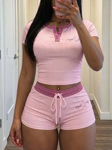 Slaydiva New Summer Casual Cute Street Style Slim Fit Light Pink Round Neck Half-Open Printed Letter T-Shirt + Mini Shorts Women Two Pieces Set. Lounge Styles - Pink - View 3