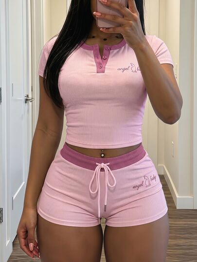 Slaydiva New Summer Casual Cute Street Style Slim Fit Light Pink Round Neck Half-Open Printed Letter T-Shirt + Mini Shorts Women Two Pieces Set. Lounge Styles
