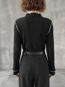 FRIFUL Women's Contrast Color Mock Neck Long Sleeve Ribbed Texture Fabric Sleeve 2 In 1 Design Contrast Color Binding Stitching Loose Casual Versatile T-Shirt Autumn/Winter Women's Winter Wear - Black - View 2