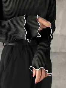 FRIFUL Women's Contrast Color Mock Neck Long Sleeve Ribbed Texture Fabric Sleeve 2 In 1 Design Contrast Color Binding Stitching Loose Casual Versatile T-Shirt Autumn/Winter Women's Winter Wear - Black - View 3