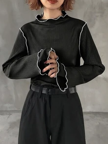FRIFUL Women's Contrast Color Mock Neck Long Sleeve Ribbed Texture Fabric Sleeve 2 In 1 Design Contrast Color Binding Stitching Loose Casual Versatile T-Shirt Autumn/Winter Women's Winter Wear - Black - View 7