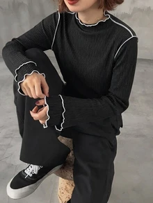 FRIFUL Women's Contrast Color Mock Neck Long Sleeve Ribbed Texture Fabric Sleeve 2 In 1 Design Contrast Color Binding Stitching Loose Casual Versatile T-Shirt Autumn/Winter Women's Winter Wear - Black - View 5