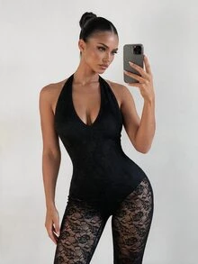 Sirith Women's Sexy Vacation Lace Patchwork Halter Neck Jumpsuit - Black - View 3