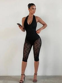 Sirith Women's Sexy Vacation Lace Patchwork Halter Neck Jumpsuit - Black - View 6