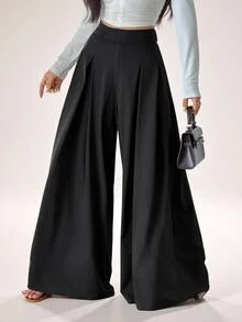 SHEIN PETITE Women's Solid Color High Waist Pleated Pocket Loose Wide Leg Long Pants - Black - View 6