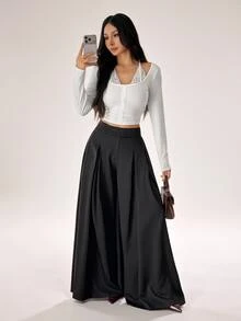 SHEIN PETITE Women's Solid Color High Waist Pleated Pocket Loose Wide Leg Long Pants - Black - View 3