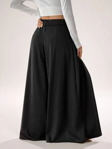 SHEIN PETITE Women's Solid Color High Waist Pleated Pocket Loose Wide Leg Long Pants - Black - View 2