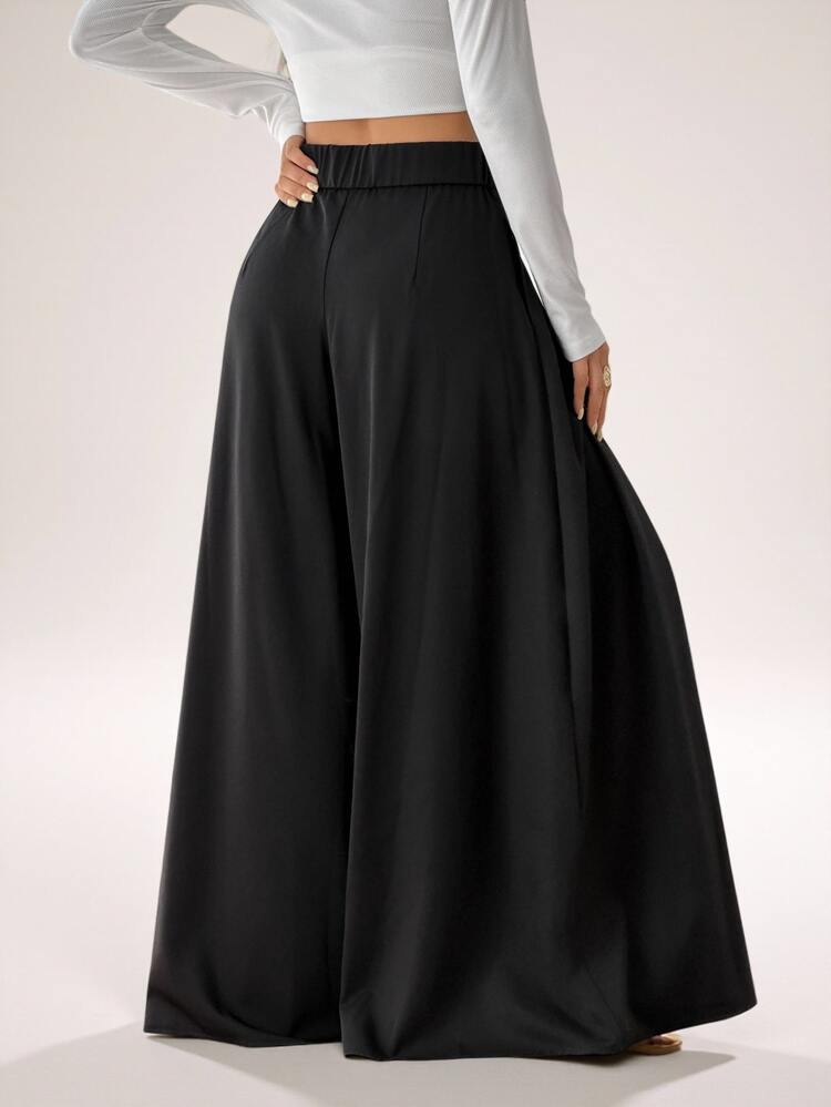 SHEIN PETITE Women's Solid Color High Waist Pleated Pocket Loose Wide Leg Long Pants - Black - View 2