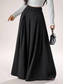 SHEIN PETITE Women's Solid Color High Waist Pleated Pocket Loose Wide Leg Long Pants - Black - View 7