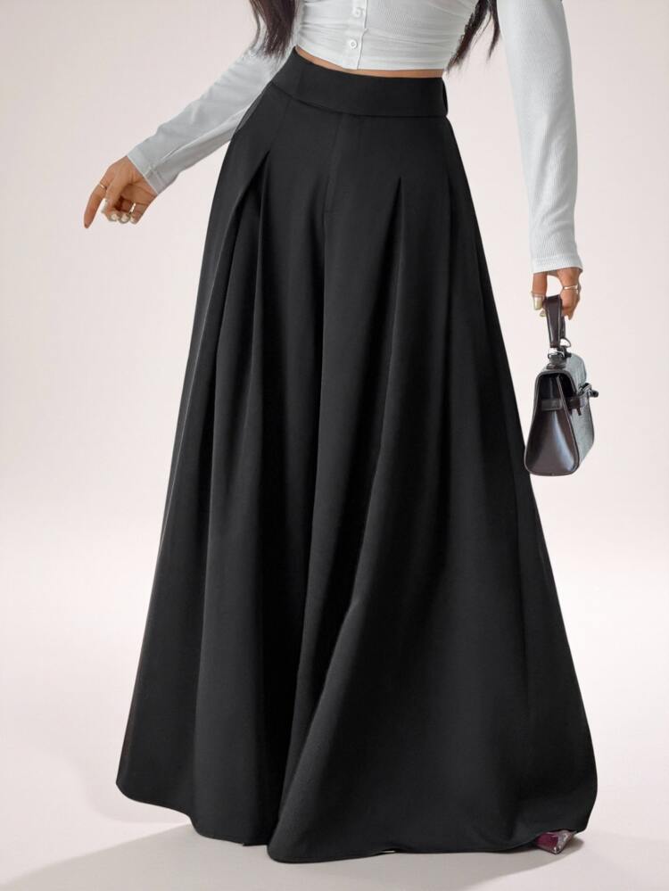 SHEIN PETITE Women's Solid Color High Waist Pleated Pocket Loose Wide Leg Long Pants - Black - View 7
