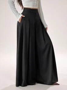 SHEIN PETITE Women's Solid Color High Waist Pleated Pocket Loose Wide Leg Long Pants - Black - View 4