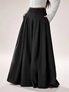 SHEIN PETITE Women's Solid Color High Waist Pleated Pocket Loose Wide Leg Long Pants - Black - View 5