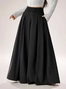 SHEIN PETITE Women's Solid Color High Waist Pleated Pocket Loose Wide Leg Long Pants - Black - View 1