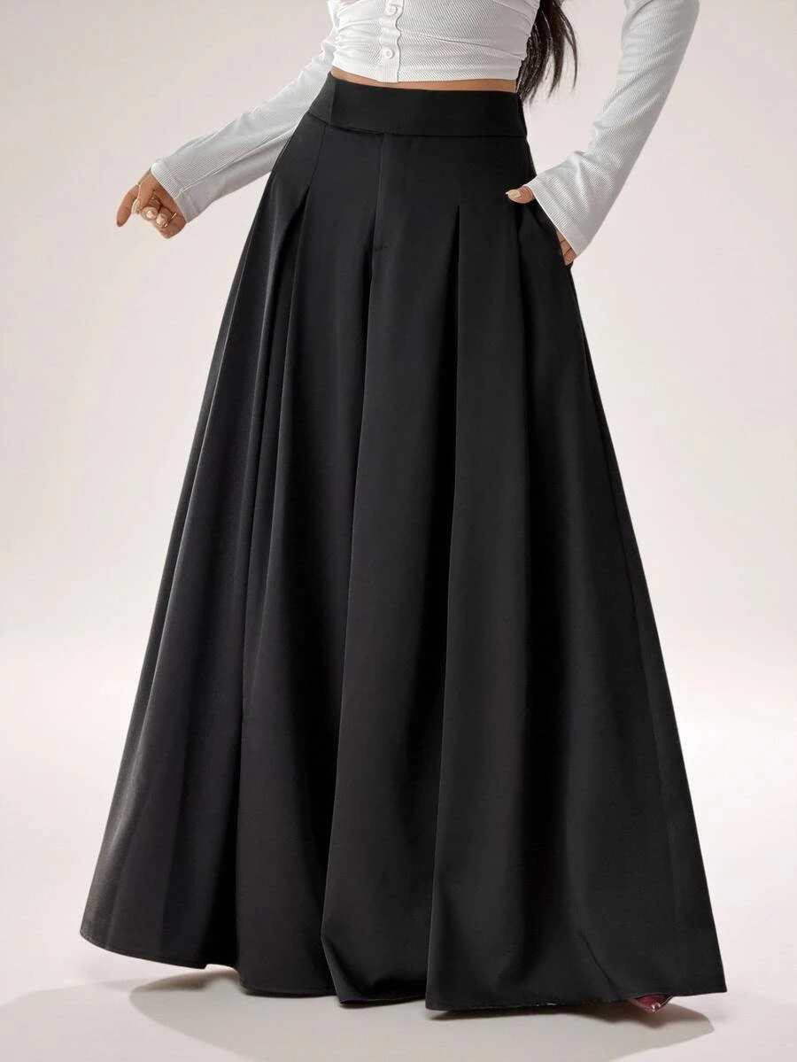 SHEIN PETITE Women's Solid Color High Waist Pleated Pocket Loose Wide Leg Long Pants - Black - View 1