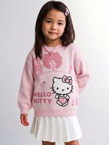 Maija Kids HELLO KITTY AND FRIENDS | SHEIN Maija Kids 女童嬰兒公主媽咪與我系列 精緻舒適粉色針織提花圓領長袖套頭毛衣 秋冬款 - 粉色 - 查看 1