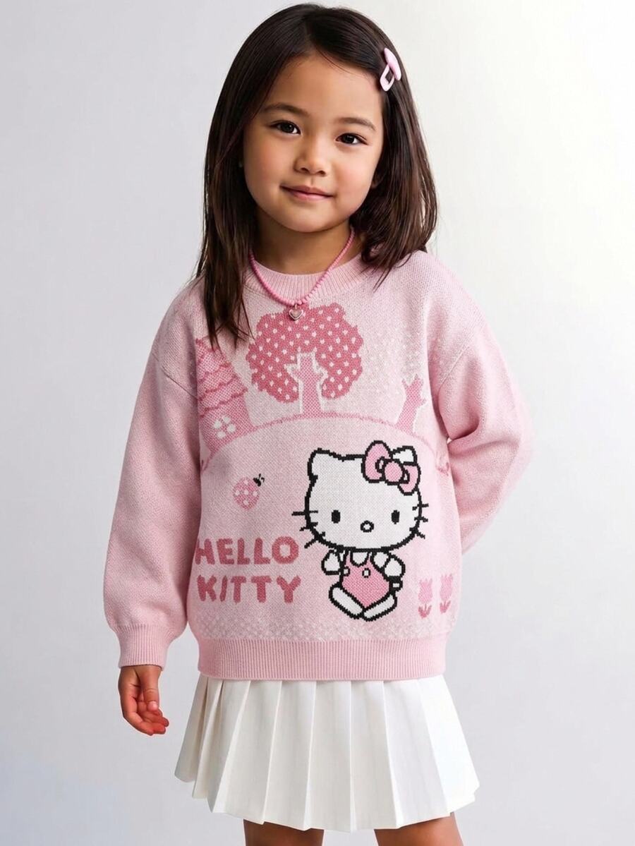Maija Kids HELLO KITTY AND FRIENDS | SHEIN Maija Kids 女童嬰兒公主媽咪與我系列 精緻舒適粉色針織提花圓領長袖套頭毛衣 秋冬款 - 粉色 - 查看 1