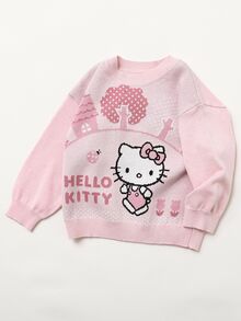 Maija Kids HELLO KITTY AND FRIENDS | SHEIN Maija Kids 女童嬰兒公主媽咪與我系列 精緻舒適粉色針織提花圓領長袖套頭毛衣 秋冬款 - 粉色 - 查看 2