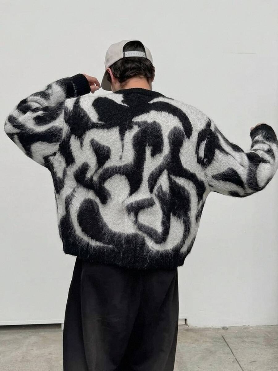 NEOSTRIT Men's Fashion Jacquard Colorblock Long Sleeve Sweater Streetwear Festival Boys Fall/Winter Daily New Pull, Sweaters - Black and White - View 1