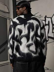 NEOSTRIT Men's Fashion Jacquard Colorblock Long Sleeve Sweater Streetwear Festival Boys Fall/Winter Daily New Pull, Sweaters - Black and White - View 2