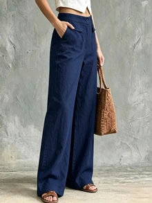 Holdful Holdful Women's Autumn/Winter New Casual Pants Solid Color Loose Fit Wide Leg Long Pants - Navy Blue - View 3
