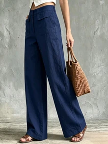 Holdful Holdful Women's Autumn/Winter New Casual Pants Solid Color Loose Fit Wide Leg Long Pants - Navy Blue - View 4