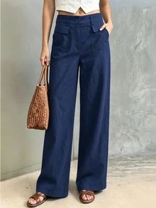 Holdful Holdful Women's Autumn/Winter New Casual Pants Solid Color Loose Fit Wide Leg Long Pants - Navy Blue - View 5