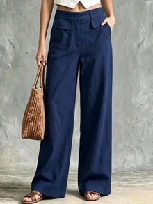 Holdful Holdful Women's Autumn/Winter New Casual Pants Solid Color Loose Fit Wide Leg Long Pants - Navy Blue - View 6