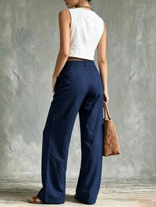 Holdful Holdful Women's Autumn/Winter New Casual Pants Solid Color Loose Fit Wide Leg Long Pants - Navy Blue - View 2