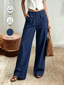Holdful Holdful Women's Autumn/Winter New Casual Pants Solid Color Loose Fit Wide Leg Long Pants - Navy Blue - View 7