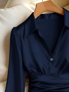 Franclia Women's Solid Color Pleated Button Elegant Fitted Long Sleeve Blouse - Navy Blue - View 3