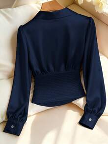 Franclia Women's Solid Color Pleated Button Elegant Fitted Long Sleeve Blouse - Navy Blue - View 2