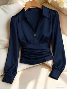 Franclia Women's Solid Color Pleated Button Elegant Fitted Long Sleeve Blouse - Navy Blue - View 1