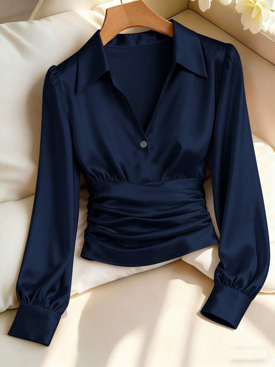 Franclia Women's Solid Color Pleated Button Elegant Fitted Long Sleeve Blouse - Navy Blue - View 1