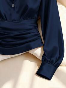 Franclia Women's Solid Color Pleated Button Elegant Fitted Long Sleeve Blouse - Navy Blue - View 4