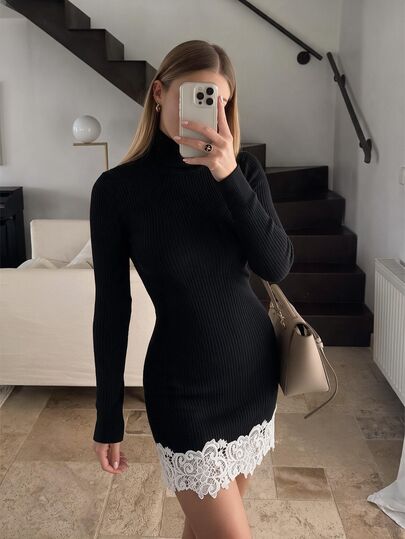 SHEIN Elenzya Early Fall Chic Turtleneck Knit Mini Dress, Long Sleeve Bodycon Dress With Lace Hem Trim, Elegant Black Night Out Outfit