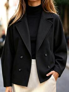 SHEIN Women's Black Double-Breasted Wool-Blend Coat – Elegant & Stylish; Suitable For Work, Holidays, New Year, Casual Outings, And Social Events - Black - View 5