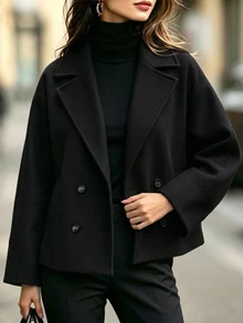 SHEIN Women's Black Double-Breasted Wool-Blend Coat – Elegant & Stylish; Suitable For Work, Holidays, New Year, Casual Outings, And Social Events - Black - View 6