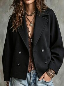 SHEIN Women's Black Double-Breasted Wool-Blend Coat – Elegant & Stylish; Suitable For Work, Holidays, New Year, Casual Outings, And Social Events - Black - View 3