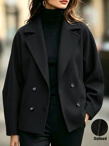 SHEIN Women's Black Double-Breasted Wool-Blend Coat – Elegant & Stylish; Suitable For Work, Holidays, New Year, Casual Outings, And Social Events - Black - View 4