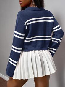 Slaydiva Women's Contrast Stripe Long Sleeve Cropped Knit Top, Fall - Navy Blue - View 2