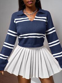 Slaydiva Women's Contrast Stripe Long Sleeve Cropped Knit Top, Fall - Navy Blue - View 3