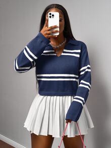 Slaydiva Women's Contrast Stripe Long Sleeve Cropped Knit Top, Fall - Navy Blue - View 5