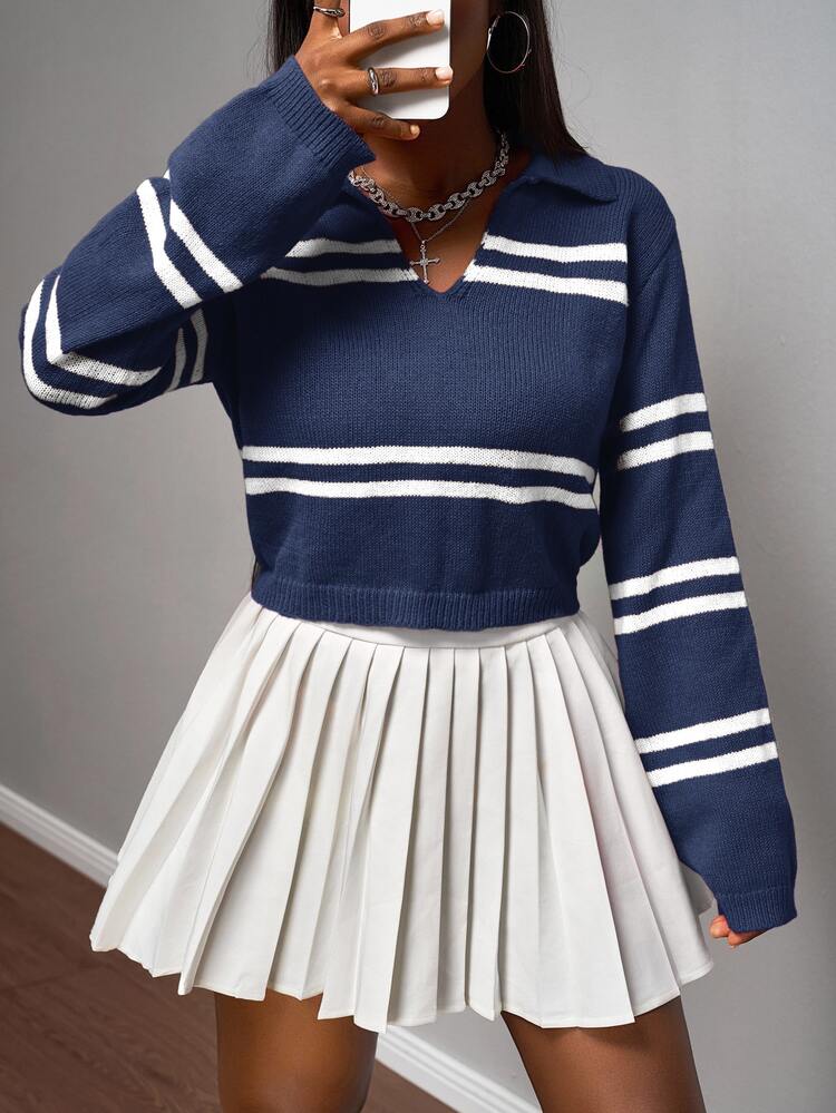 Slaydiva Women's Contrast Stripe Long Sleeve Cropped Knit Top, Fall - Navy Blue - View 4