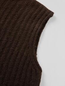 SHEIN Ribbed Knit Vest Featuring Button Embellished Turtleneck. Cropped Sleeveless Cut, Versatile For Laye - Coffee Brown - View 7