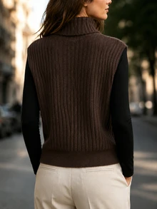 SHEIN Ribbed Knit Vest Featuring Button Embellished Turtleneck. Cropped Sleeveless Cut, Versatile For Laye - Coffee Brown - View 2