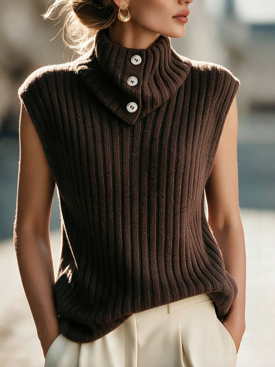 SHEIN Ribbed Knit Vest Featuring Button Embellished Turtleneck. Cropped Sleeveless Cut, Versatile For Laye - Coffee Brown - View 1