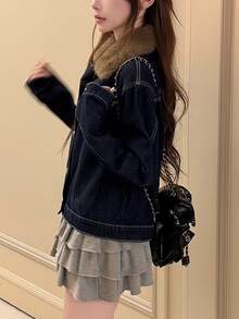 FRIFUL Women's Patchwork Fur Collar Long Sleeve Single-Breasted Casual Denim Jacket - Blue - View 5